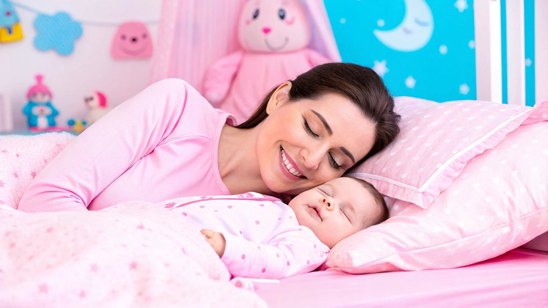Mamá acostada sonriendo con su bebé que está durmiendo. El cuarto del bebé está decorado de forma lindo con color azul y rosa