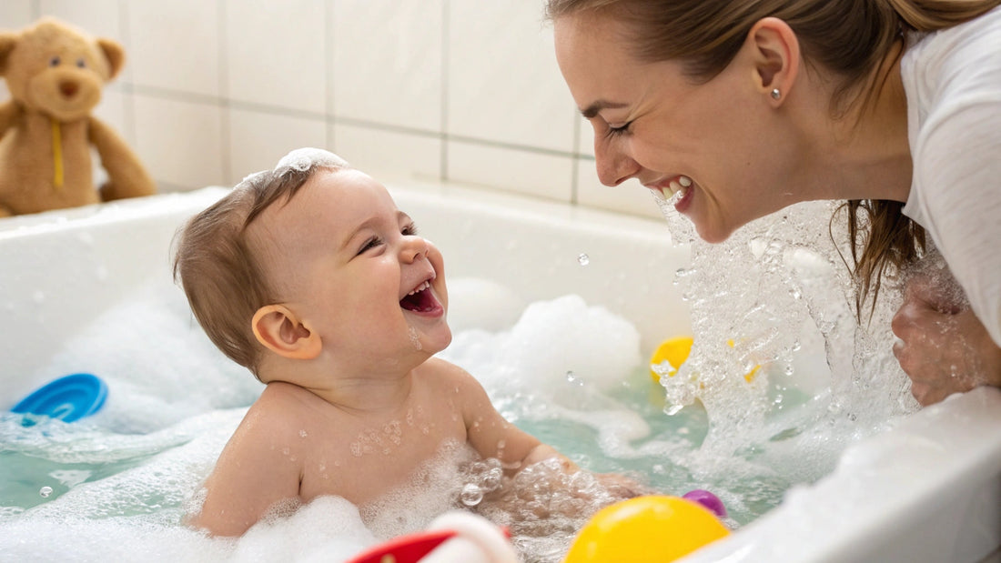 mamá bañando a su bebé en una tina de baño. Ambos se están divirtiendo y se rien
