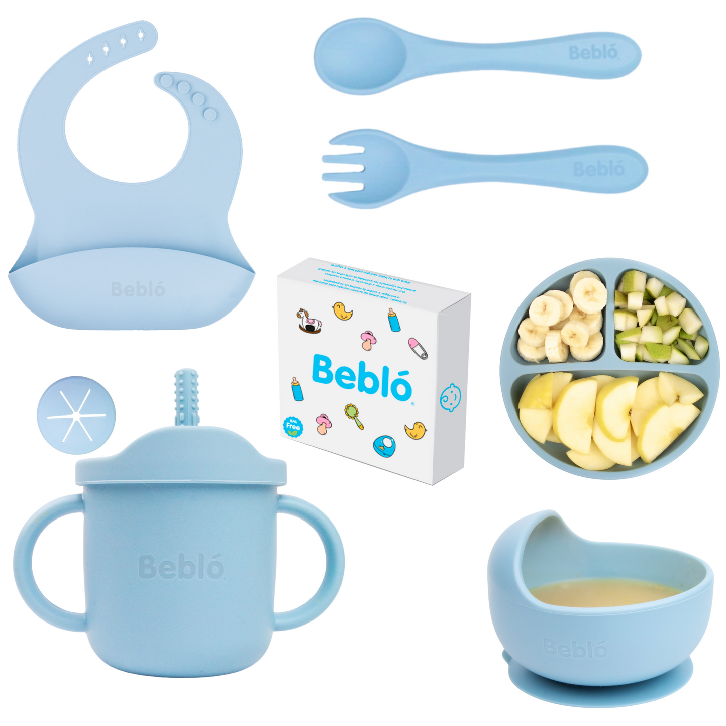 Vajilla de silicón para bebé marca bebló color azul pastel. Regalos para baby shower, platos para bebé, vaso entrenador, regalos para día del niño. Kit para bebé, alimentación complementaria
