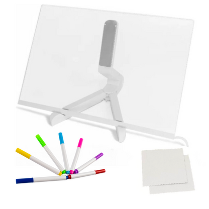 Pizarra de acrílico para niños con plumones de colores y dos paños para limpiarla